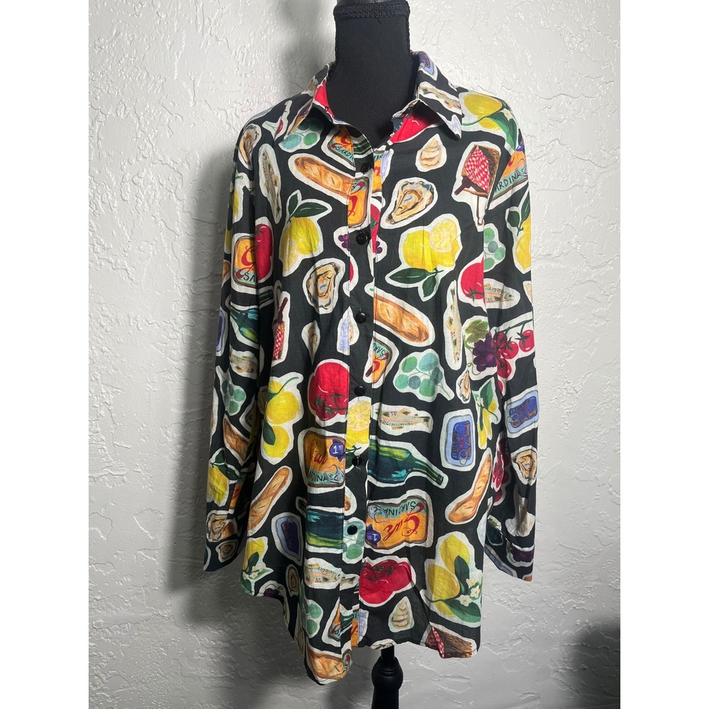 Lisa Says Gah Italian Summer Tapas Food Print Button Down Shirt Size L